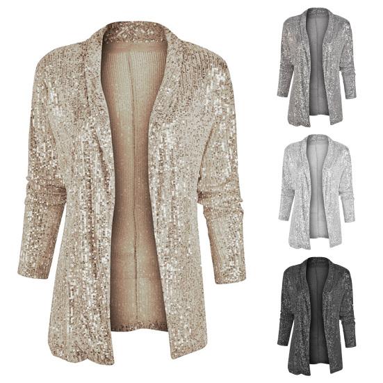 Женское пальто, кардиган с блестящими пайетками и длинными рукавами, открытый стежок, длинный рукав, клубный сценический блейзер, куртка для путешествий на весну и осень