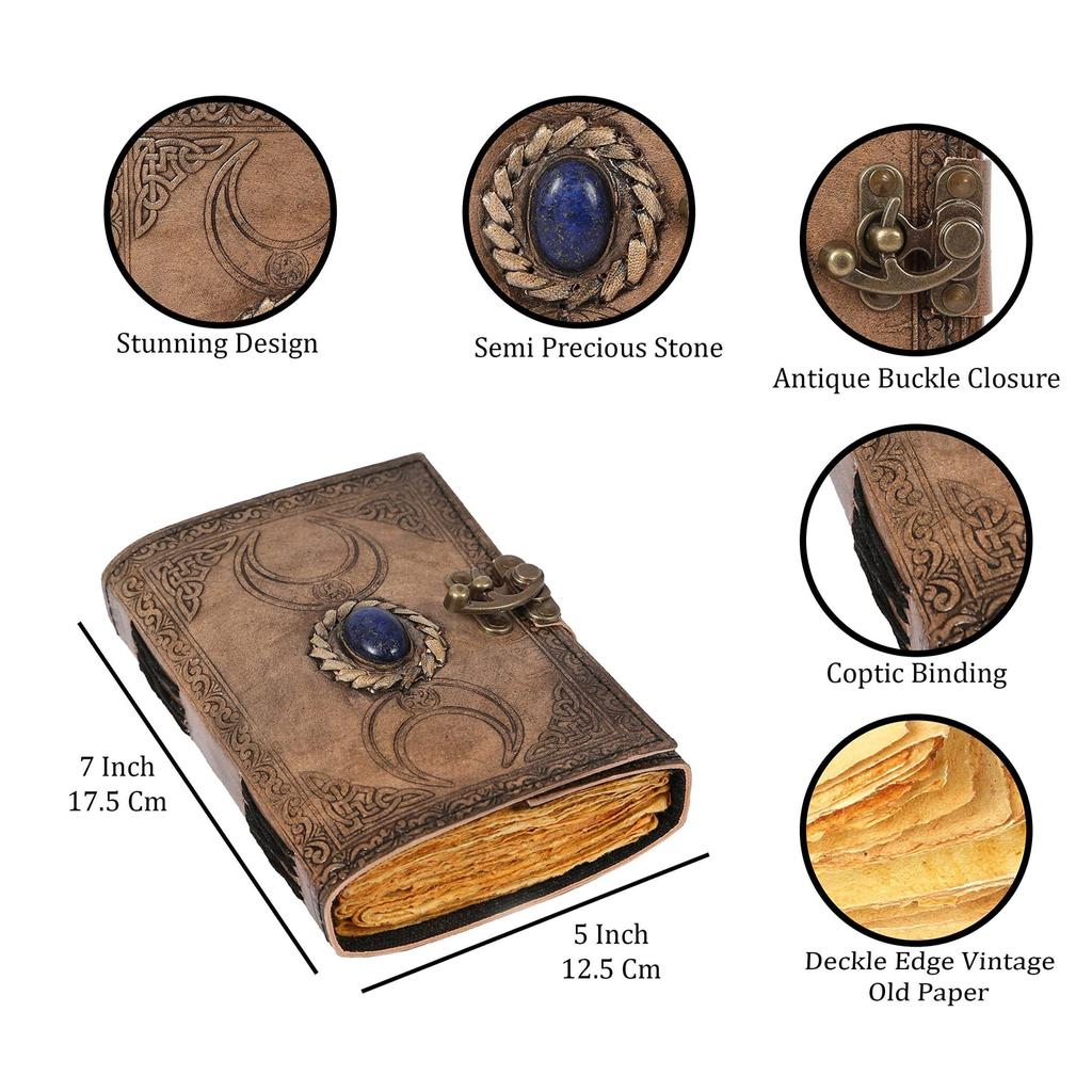 Handmade Vintage Leather Journal Triple Moon Studded with Semi Precious Stone. Lock Closure Diary