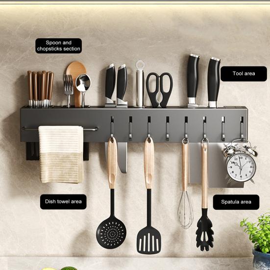 Kitchen Cutlery Holder Wall Mounted Cutter Holder with Hooks Carbon Steel Cutter Storage