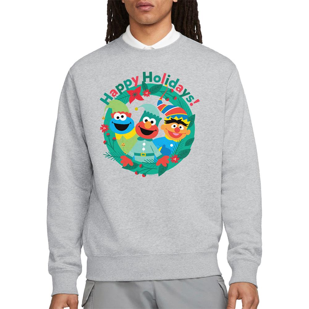 Sesame Street Unisex Adult Happy Holidays Elves Heather Christmas Sweatshirt