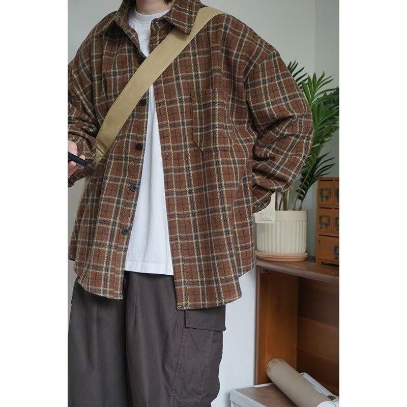 Осенне-зимний японский ретро комбинезон клетчатая рубашка для мужчин и женщин в студенческом стиле, толстая простая повседневная рубашка с длинным рукавом, пальто