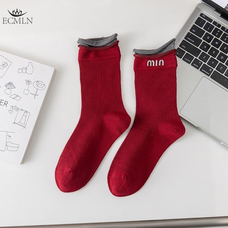 Ангоровые красные женские носки, модные носки средней длины с буквами, женские носки с цветными блоками и загнутыми краями