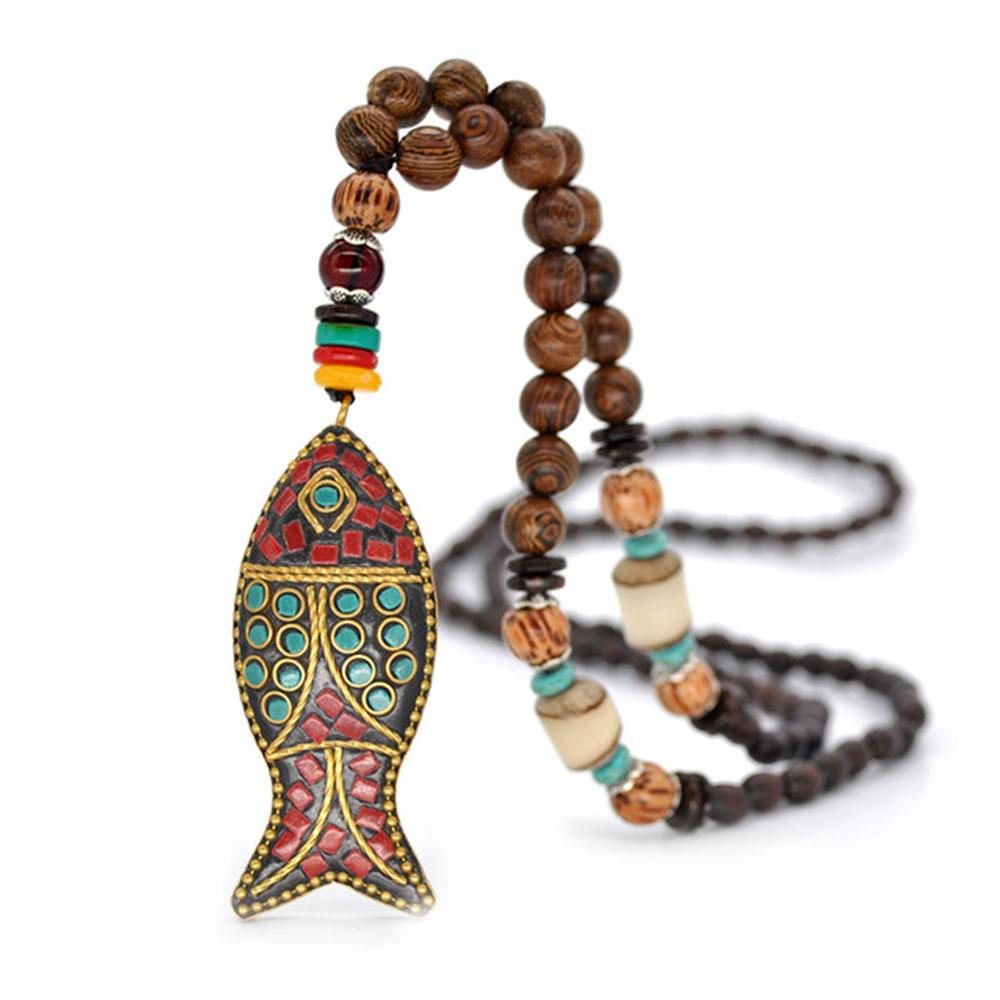 Ethnic Handmade Buddhist Jewelry Horn Mala Pendant Wood Beads Necklace Long Necklace