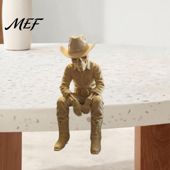 Rustic Western Desk Decor 3D Printed Cowboy Skeleton Figurine, Sitting Statue Edge Detailed Resin Craft Sculpture Sitter, West Style Desktop Shelf for