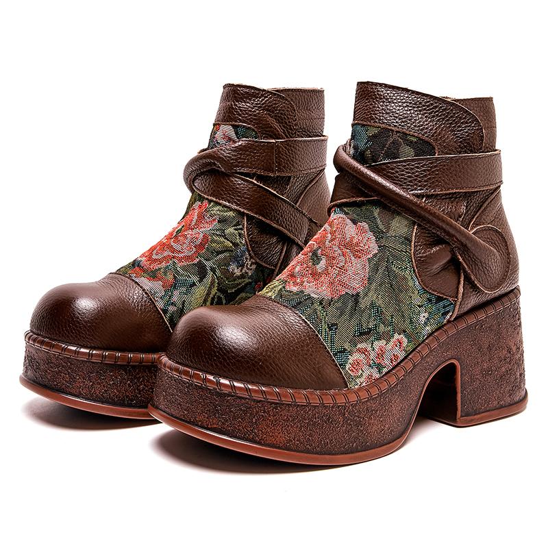 GKTINOO Женские мотоботы из натуральной кожи 2025 Новые на молнии с круглым носком Женская обувь Цветы Ручная работа Ретро Ботильоны на платформе