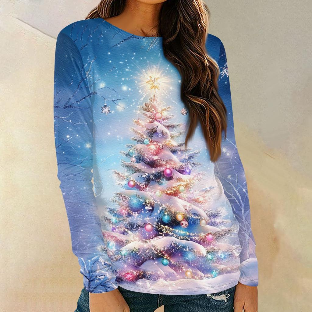 Женская мода круглый вырез пуловер с глубокими рукавами футболка с рождественским принтом топ
