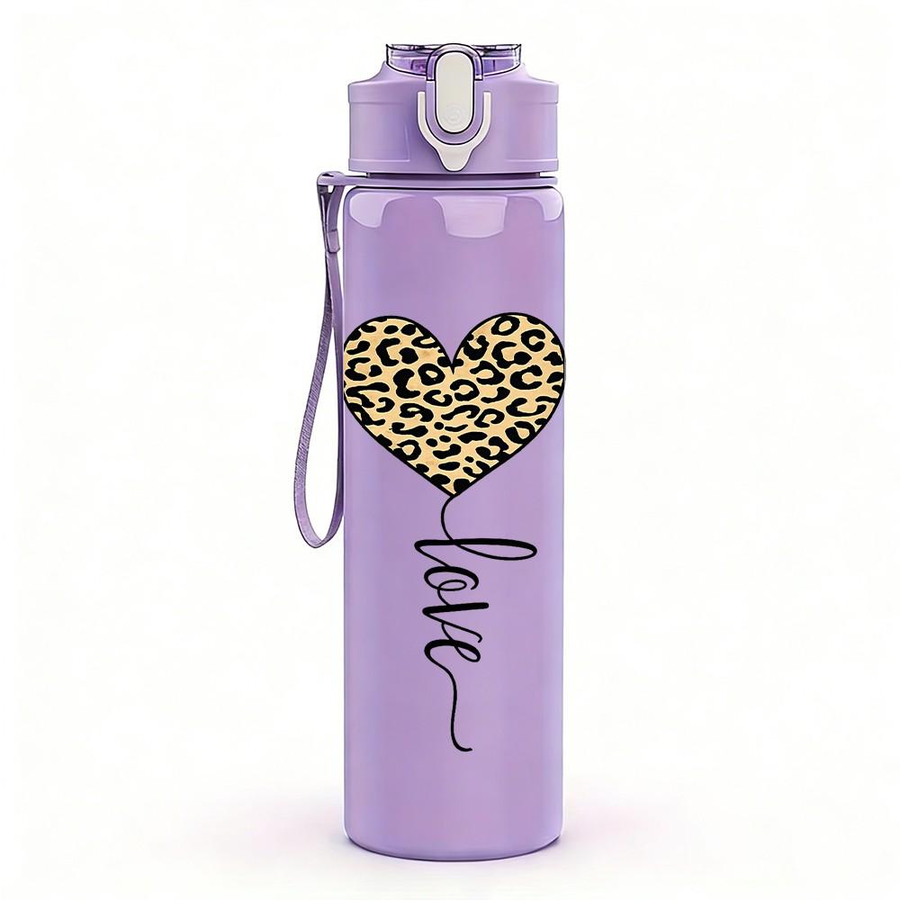 1PC Leopard Print Heart Balloon Art Print 750ml Color Plastic Sports Water Bottle Leakproof Flip Straw Lid Suitable for Sports Office Home Use
