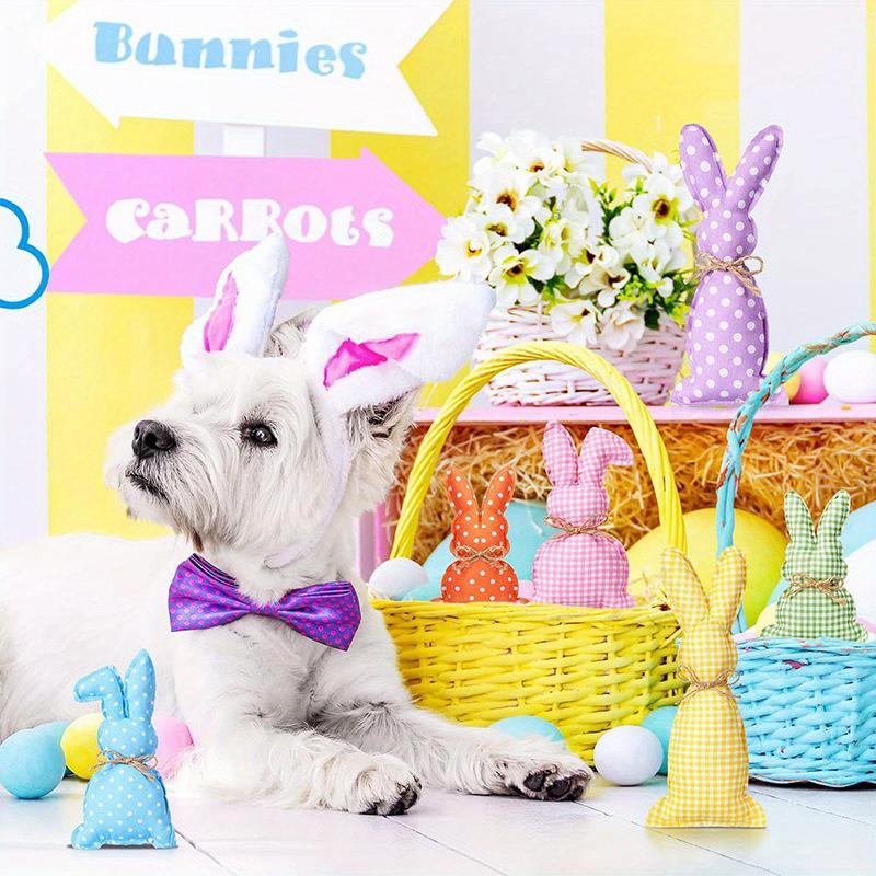 Set Of Six Bunny Tray Ornament Decoration Polka Dot Easter Fabric Cute Plaid Holiday Party Little Fresh