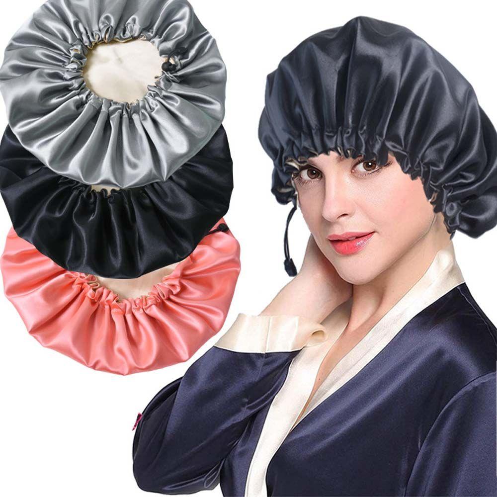 Care Adjustable Springy Double Layer Night Hair Cap Shower Cap Sleep Bonnet Reversible Satin Bonnet