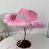 Cowgirl Hat Rhinestone Crown Decor Furry Ripped Edge Windproof Chin Rope Large Brim Sun