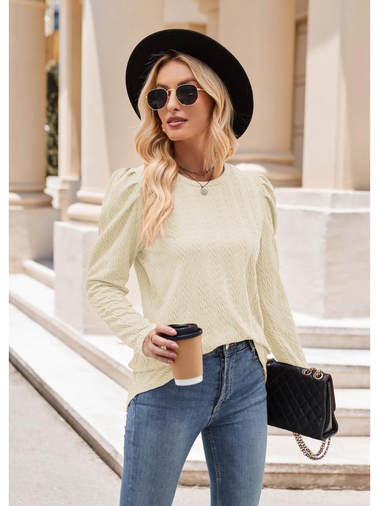 2024 Новая осенняя мода Повседневная круглая горловина однотонная трикотажная жаккардовая женская футболка с рукавами-пузырями и узорами из жареного теста