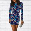 Long Sleeve Bodycon 3D Blue Feather Print Dress Women Mini Dresses Autumn Skinny Stretchy Party Vestidos