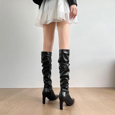2024 Черные высокие сапоги-шпильки в стиле ретро для женщин - модный стиль осень/зима с помятым верхом