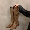 Мода Ретро Стиль Женщины Вестерн ковбойские сапоги Модные туфли без застежек Осень Зима Квадратный Низкий Каблук Дамы Рыцарь Длинные сапоги
