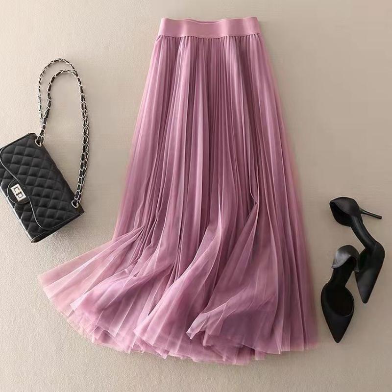 Spring Summer Solid Color Pleated Mesh Skirt Women Classic High Waisted Shirring Slim Temperament Casual Lady Midi Skirt