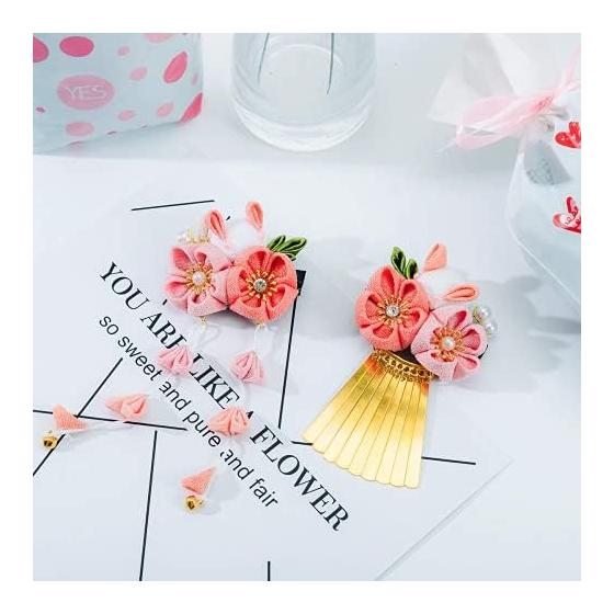 Bethany Home Tsumami Zaiku Hair Accessories Set of 2, Rabbit & Flower Design, Pink, Cute Clips for Japanese Traditional Wear, Coming-of-Age