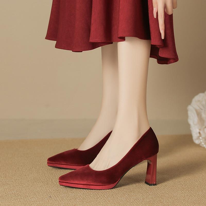 6-Однотонные замшевые туфли-лодочки на толстом каблуке для подружки невесты, женские осенне-зимние новые туфли с острым носком, водонепроницаемые, на высоком каблуке-танкетке, женские