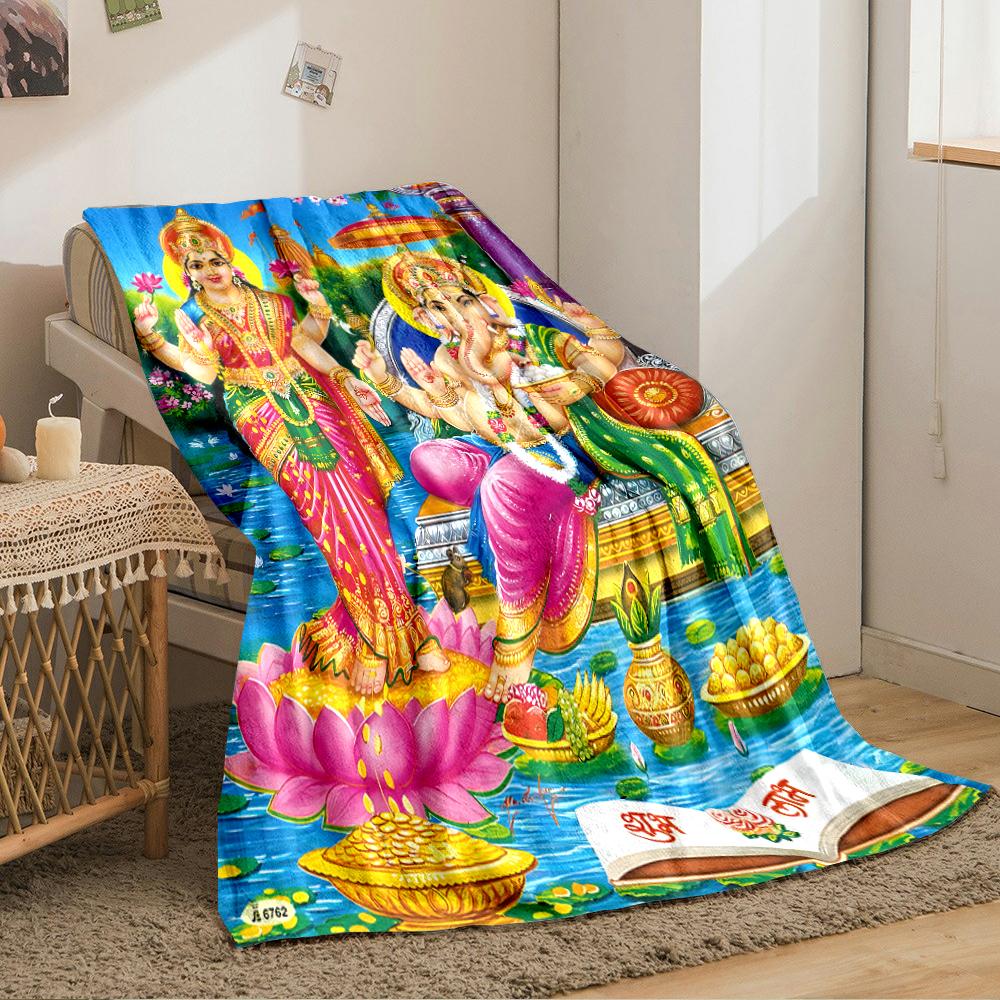 Colorful Hindu Deities on Lotus FlowersFlannel blanket for bedroom, living room, sofa, and nap