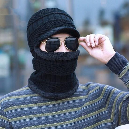 Men Winter Hat Sunshade Thermal Knitted Elastic Short Brim Full Protection Anti-slip Unisex Outdoor Camping Skiing Balaclava Cap Hat Scarf Integrated