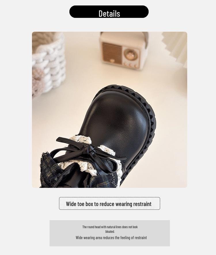 Корейские ретро женские черные зимние кожаные ботинки 2025: Хлопковые короткие ботинки в стиле Лолита с бантом для малышей