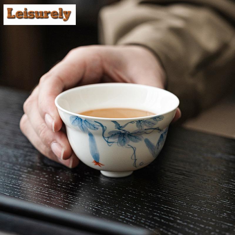 90ml Hand-painted Loofah Master Cup Dehua White Porcelain Teacup Single Master Cup Large Gourd Tea Bowl Kung Fu Teaset Drinkware