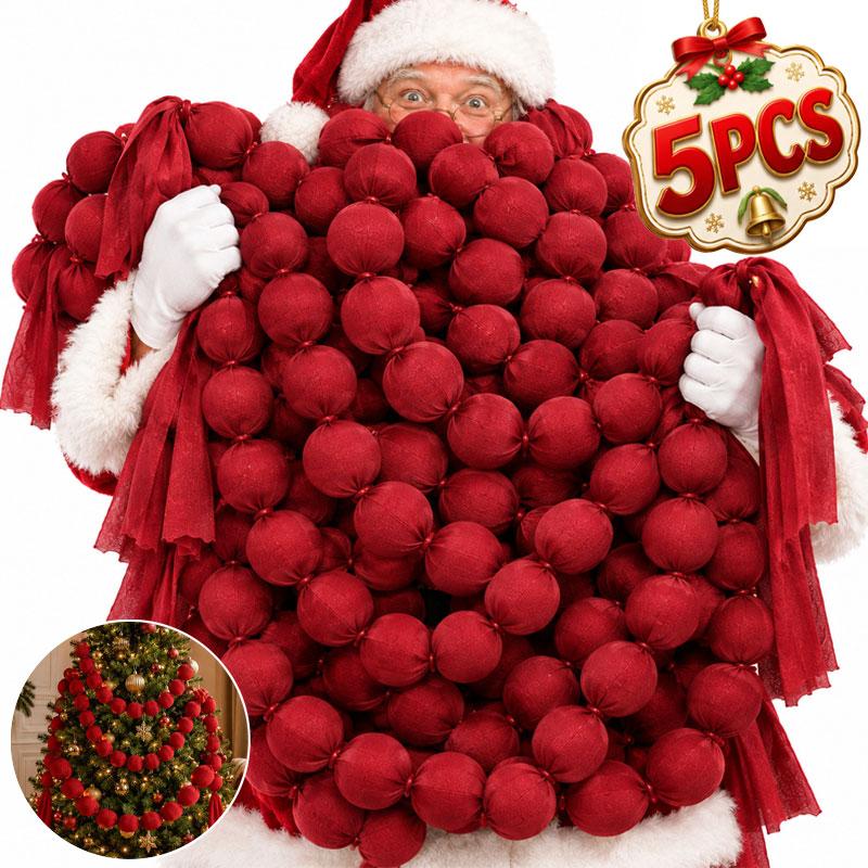 5/1PCS Christmas Red Fabric Balls Garland Pom Pom Ball String Banner with Ribbon Ties Mantel Fireplace Party Wall Hanging Decor