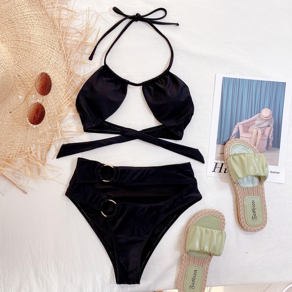 Women's Black Sexy Halter Bikini Back Tie Two Piece Swimsuit