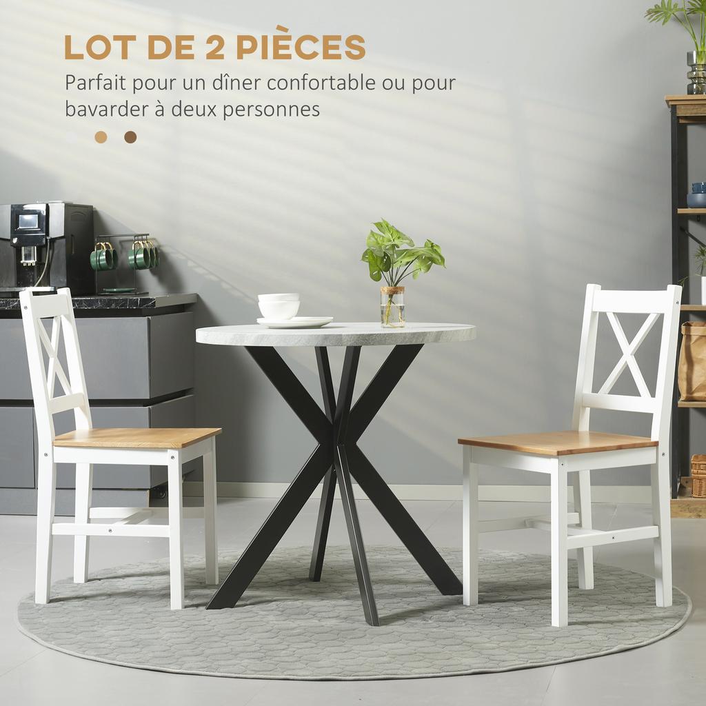 Set of 2 Dining Chairs in Solid Wood Country-Style Kitchen Chair Cross Back White and Oak