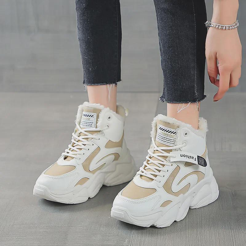 A09 Женские высокие бархатные туфли для папы - зимняя версия 2025 года, теплая хлопковая спортивная обувь в корейском стиле для студентов