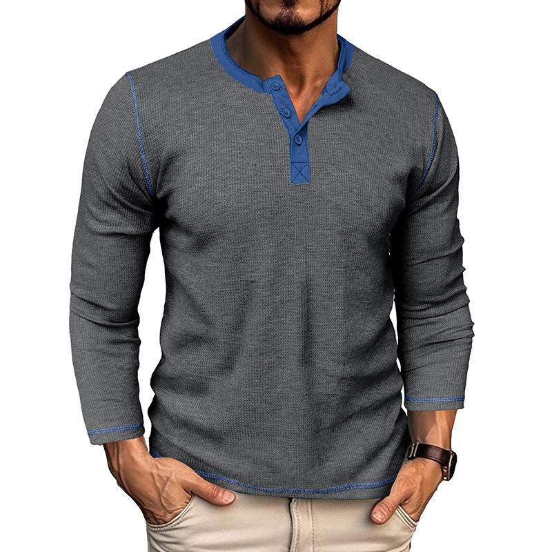 Мужская винтажная повседневная футболка-henley с длинным рукавом, вафельная, с цветовыми блоками