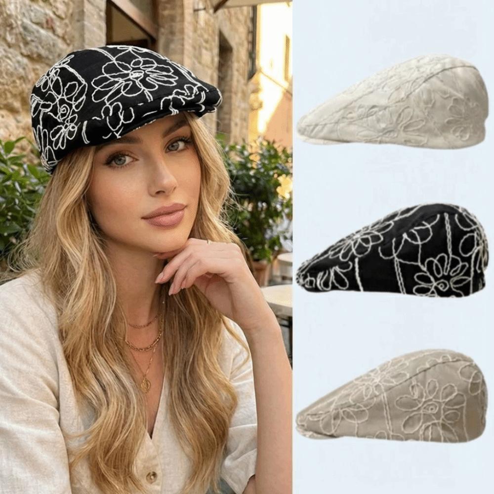 Casual Versatile Forward Cap Flower Embroidery British Hat Fashion Beret For Lady Girl
