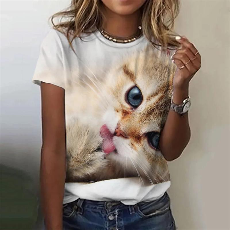 Женские футболки с забавным принтом 3D Kawaii Cat Футболки с модным круглым вырезом и коротким рукавом Топы свободного покроя Женская одежда Y2k Милая одежда