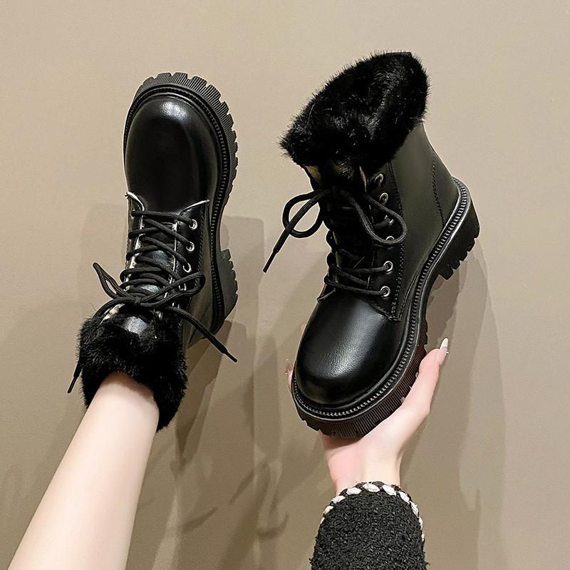 Fashion Winter New Block Heel Cotton Boots Women's Fashion Round Toe Lace-Up Front Platform Non-Slip Short Shoes