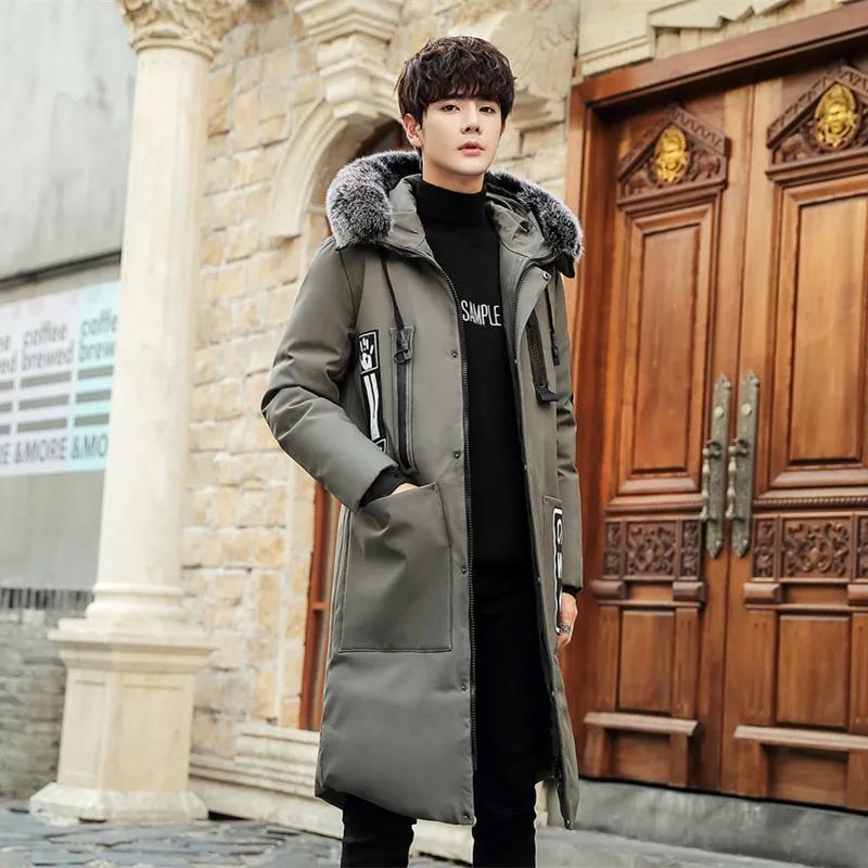 Большой пуховик с меховым воротником, мужская зимняя утепленная хлопковая куртка, длинная узкая верхняя одежда с капюшоном, повседневная куртка, теплые пуховики на молнии
