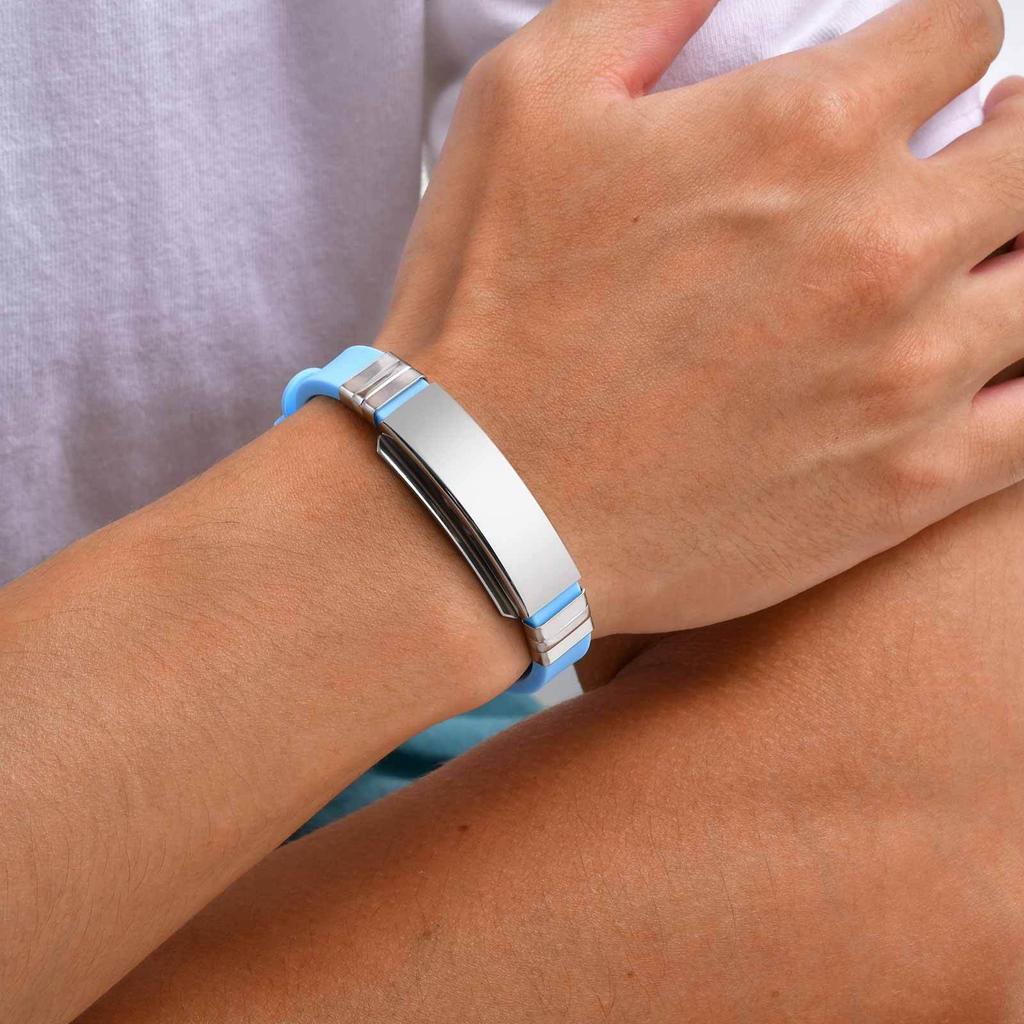 Vnox Free Customizable Engraving Adjustable Silicone Bracelet with Stainless Steel Plate, Soft Rubber Bangle Wristband for Men