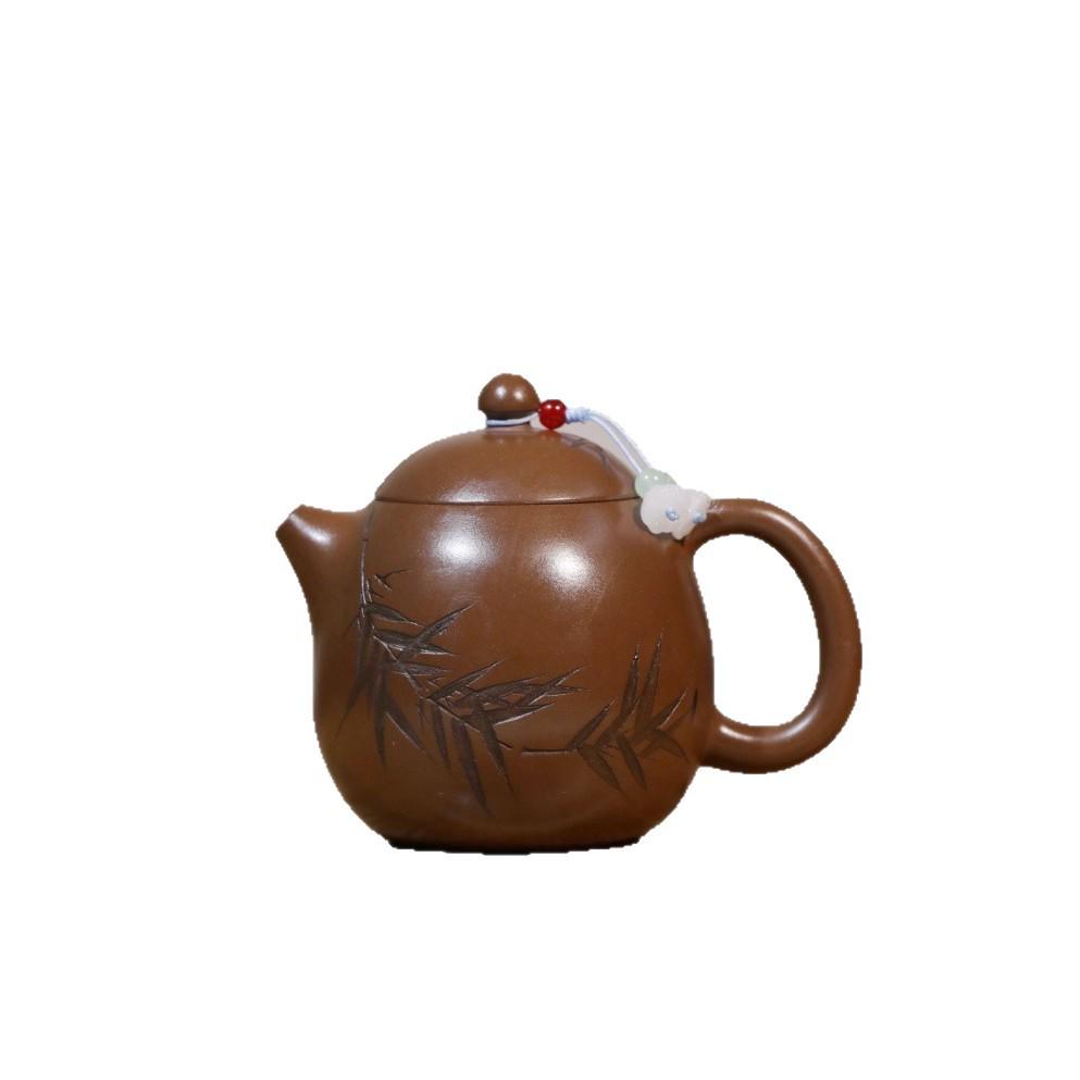 Handcrafted Yixing Zisha Purple Clay Teapot by Famous Artist - Bamboo Leaf Dragon Egg Design Tea Set