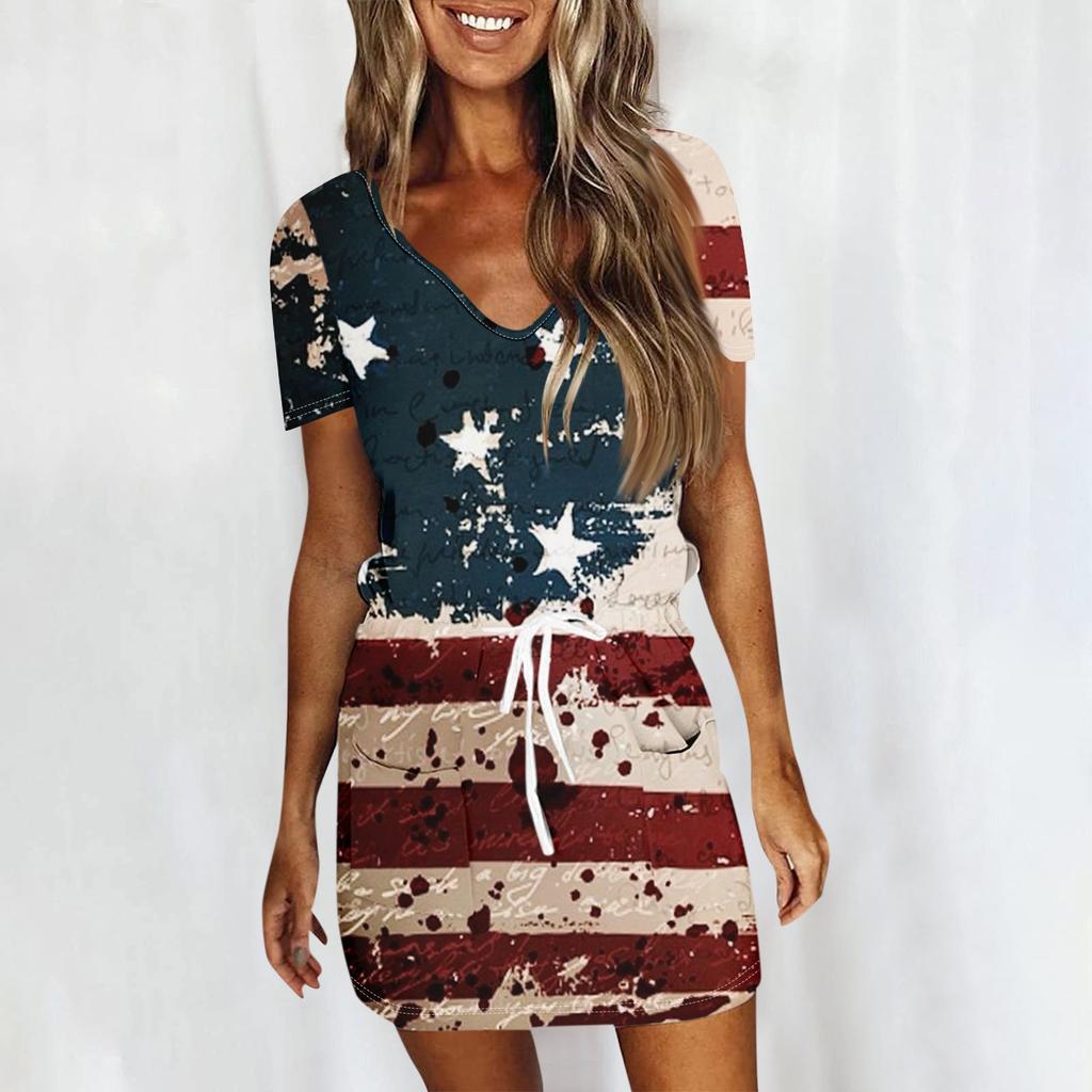 Женское летнее повседневное модное платье с короткими рукавами и кулиской на день независимости