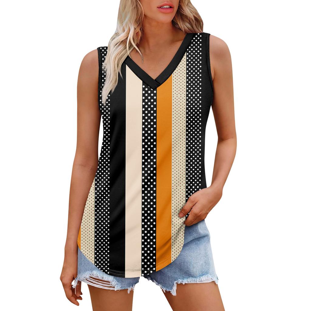 Женская майка с V-образным вырезом и принтом, повседневная майка, свободный крой, топы без рукавов, струящиеся