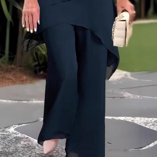Women's 2-Piece Chiffon Set Casual Plus Size Wide Pant Suit Ruffle Asymmetric Layers Wedding Guest Outfit for Spring Summer