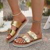 Fashion Large Flat Shoes Women's Fashion Round Head Open Toe Metal Buckle Soft Soled Anti-slip Wear-resistant Slippers