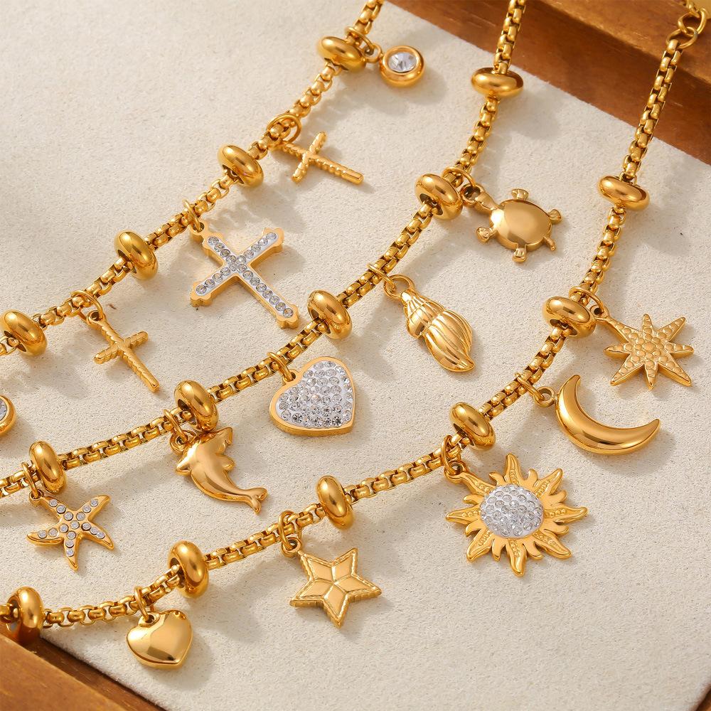F.I.N.S Heart Cross Star Moon Multi Pendant Titanium Steel Bracelet For Women 18k Gold Plated Shiny Zircon Women's Charm Jewelry