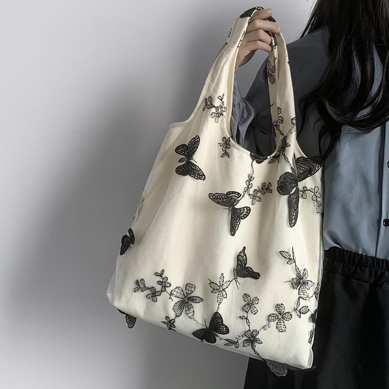 Embroidered Butterfly Canvas Lace Bag Large Capacity Versatile Shoulder Bag For Women Travel Shopping Tote Handbags CLE