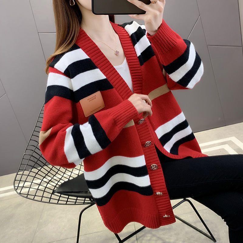Женский осенне-зимний полосатый кардиган с V-образным вырезом и пуговицами, вязаный свитер