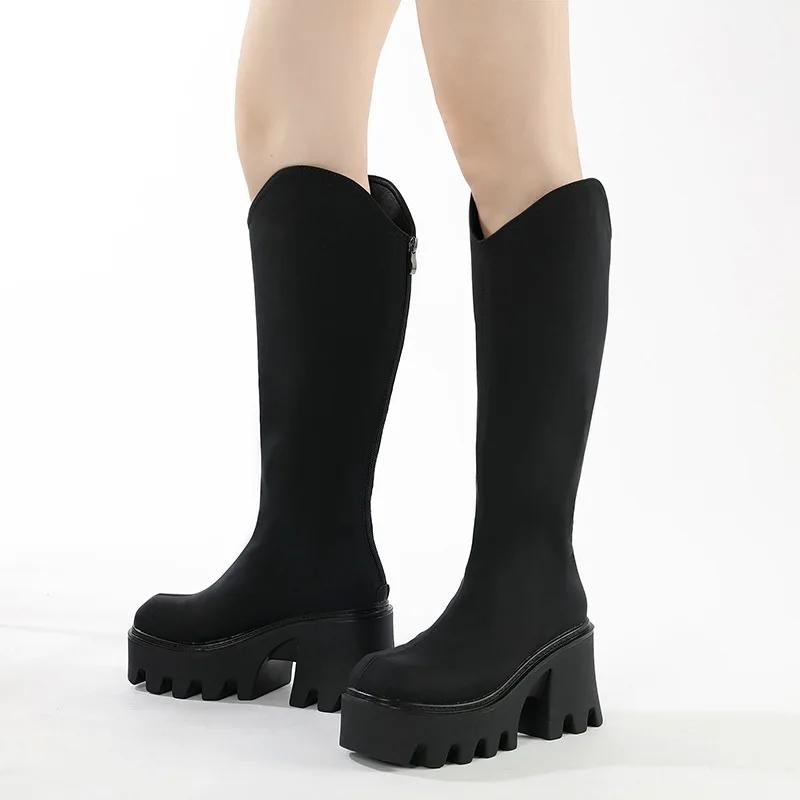 Новые осенне-зимние ботинки до середины икры в стиле панк-готика на массивной платформе и высоком каблуке, мотоциклетные длинные ботинки, женская обувь для женщин, большой размер
