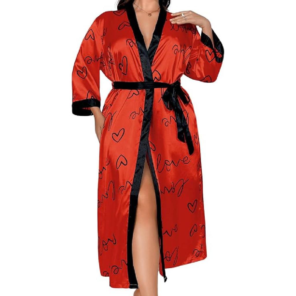 Женский халат на День святого Валентина больших размеров, сексуальный атласный халат, длинная одежда для сна