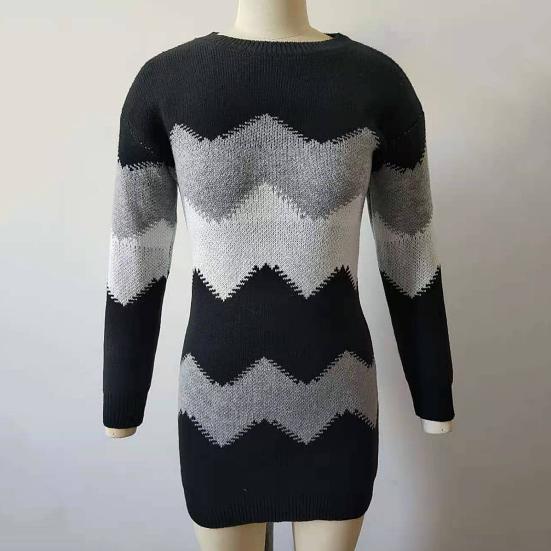 Women Autumn O Neck Long Sleeve Color Block Bodycon Warm Mini Sweater Dress