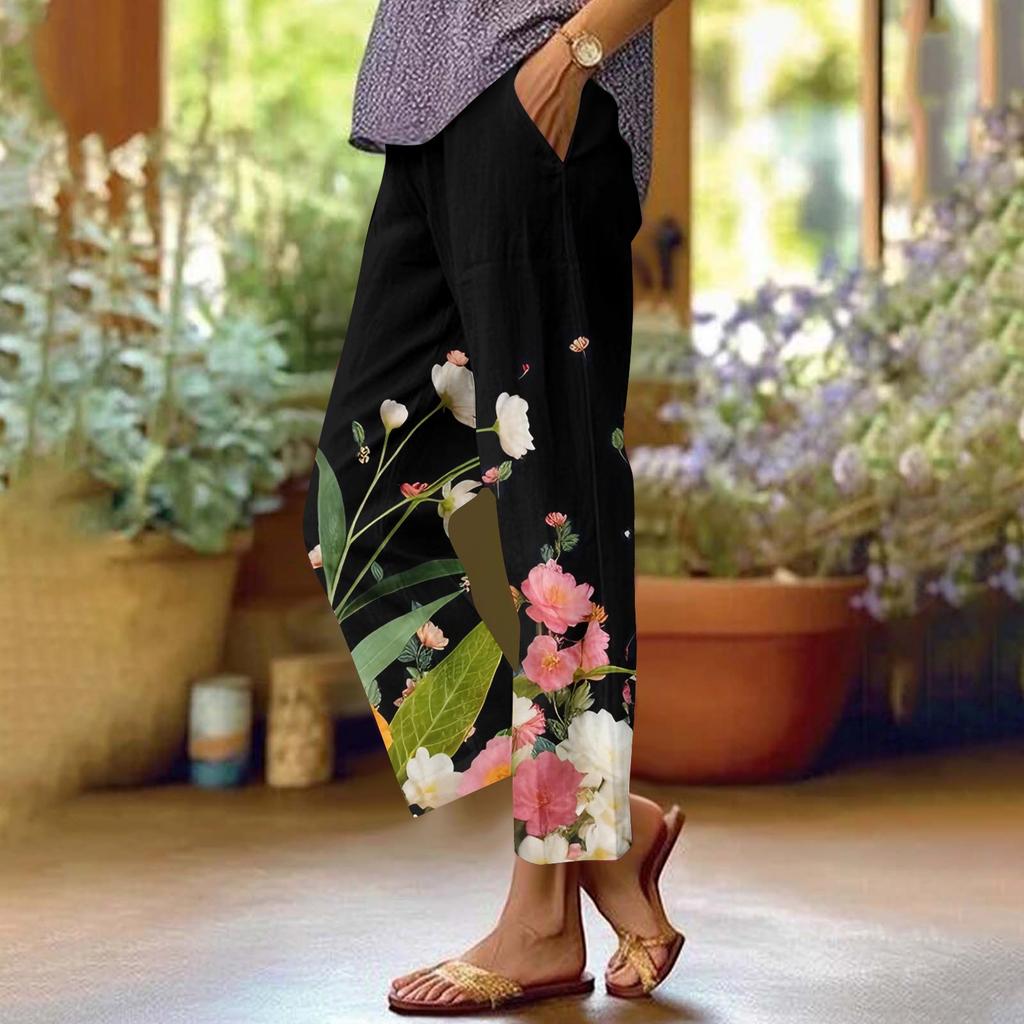 Женские повседневные модные брюки прямого кроя с цветочным принтом и карманами