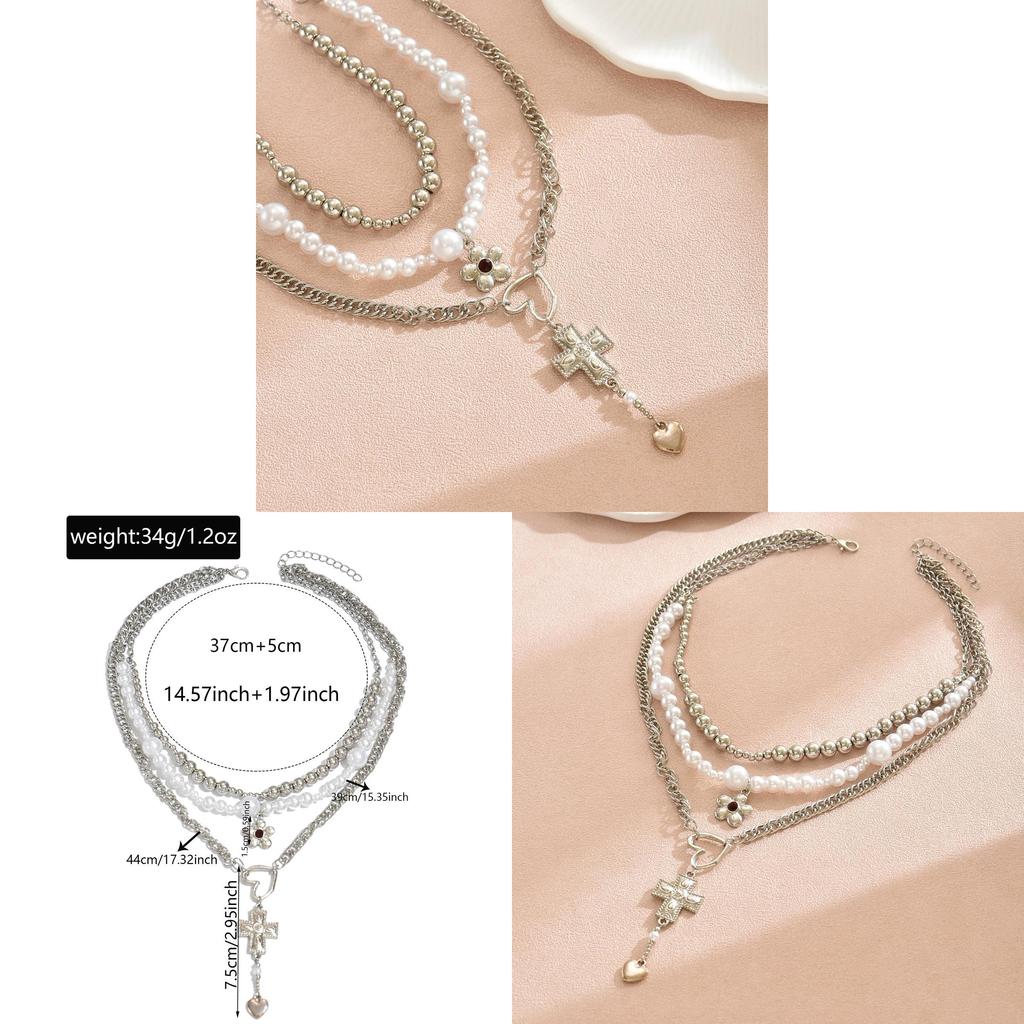 Vintage Heart Cross Pendant Necklace With Alloy Charm And Layered Floral Accents For Fashion