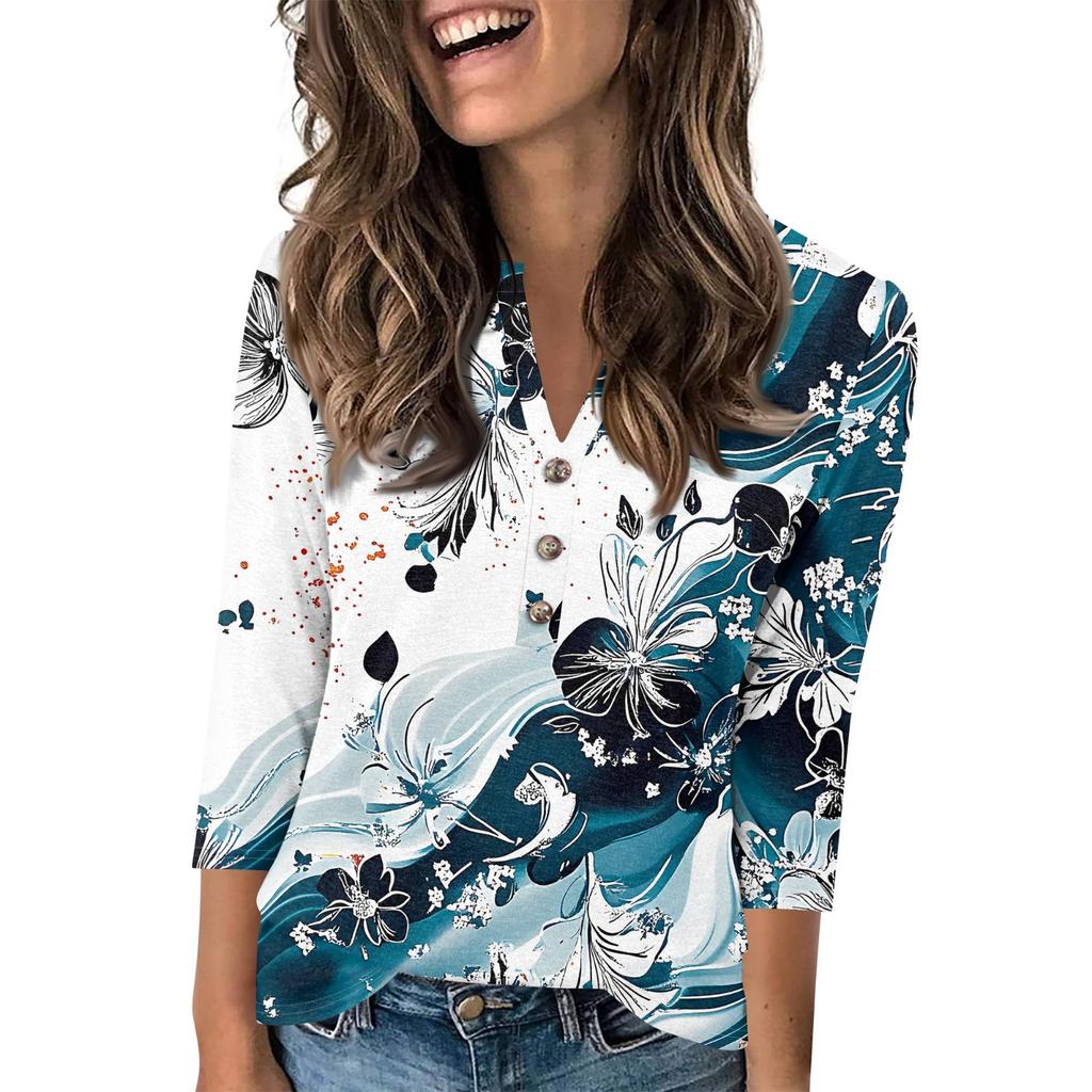 Женский модный повседневный пуловер с рукавом 3/4, принтом на пуговицах и V-образным вырезом