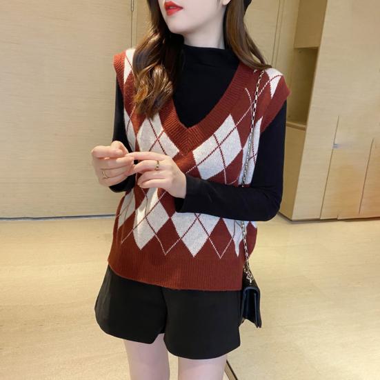 Женский вязаный жилет с ромбовидным узором, свободный, с V-образным вырезом, без рукавов, пуловер, майка, повседневный школьный свитер-топ